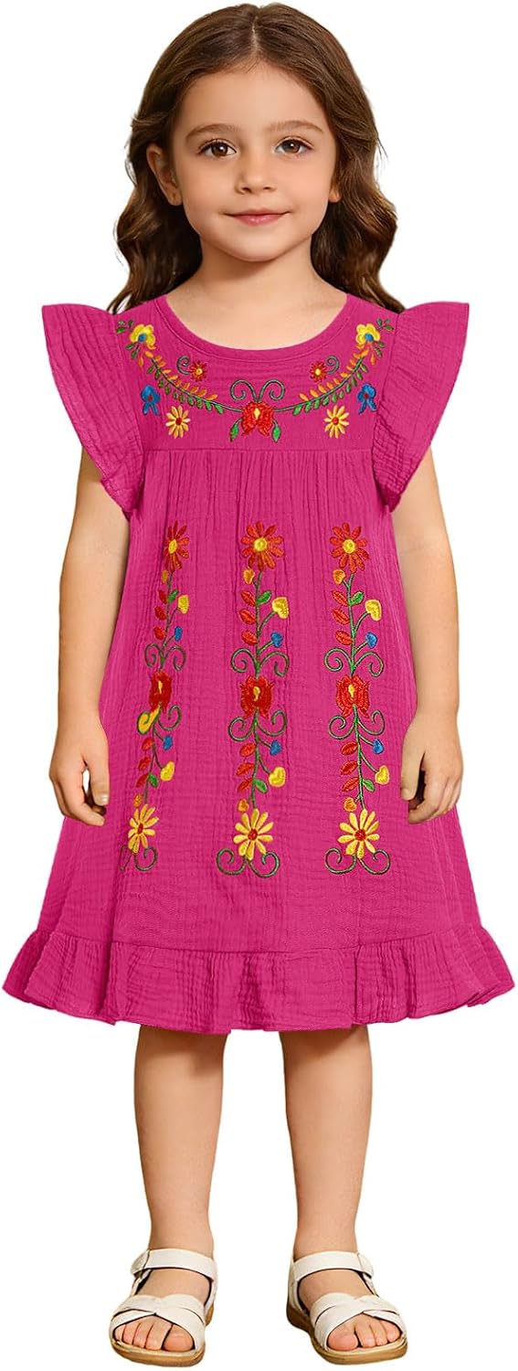 Toddler Baby Girls Mexican Traditional Folk Flutter Sleeve Floral Embroidery Ruffle Cinco De Mayo Fiesta A-line Dress
