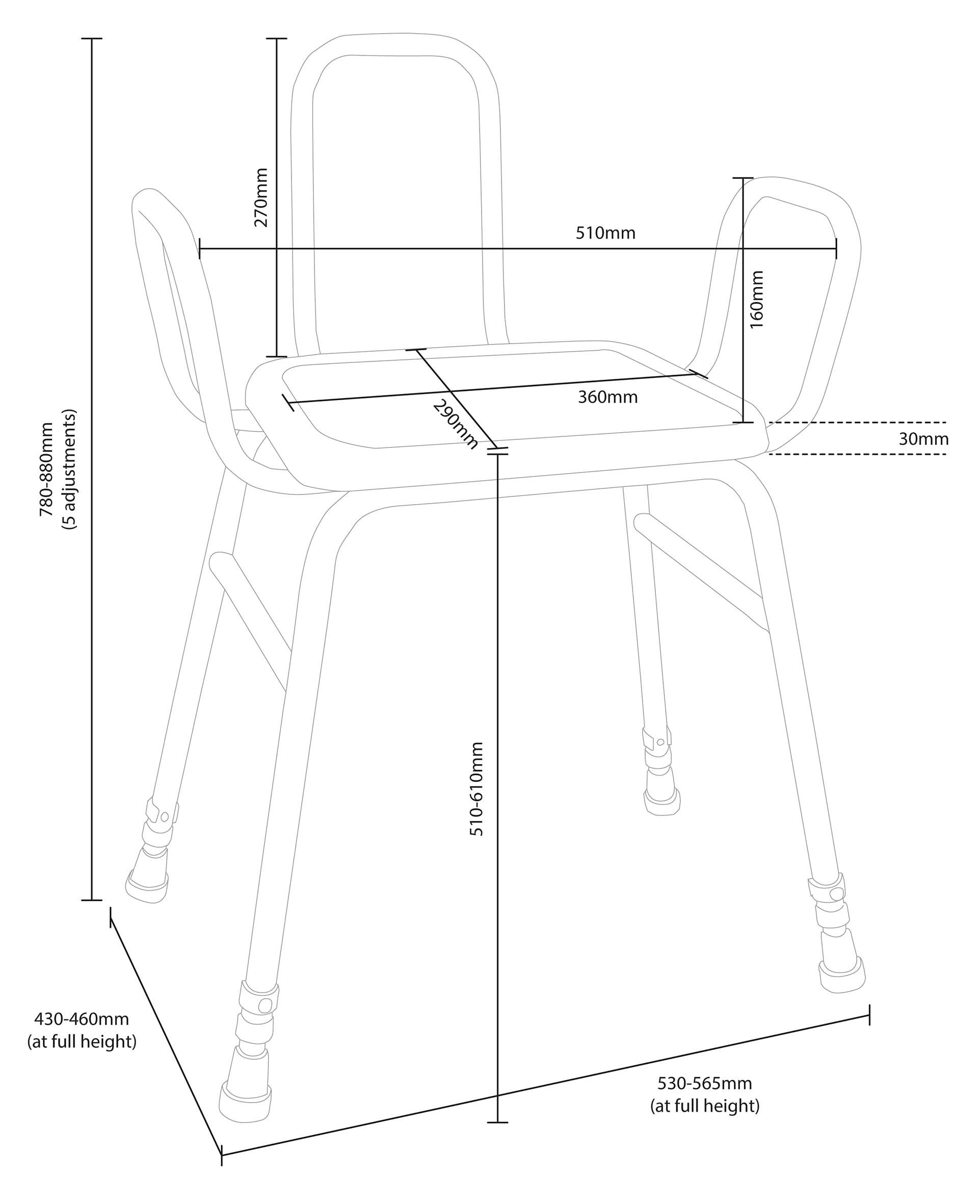 Aidapt Taburete Multiusos cómodo, Asiento de Poliuretano fácil de Limpiar. Altura Ajustable con Brazos, Respaldo Integral, virolas Antideslizantes, Seguridad, Ancianos, recuperación de cirugía de