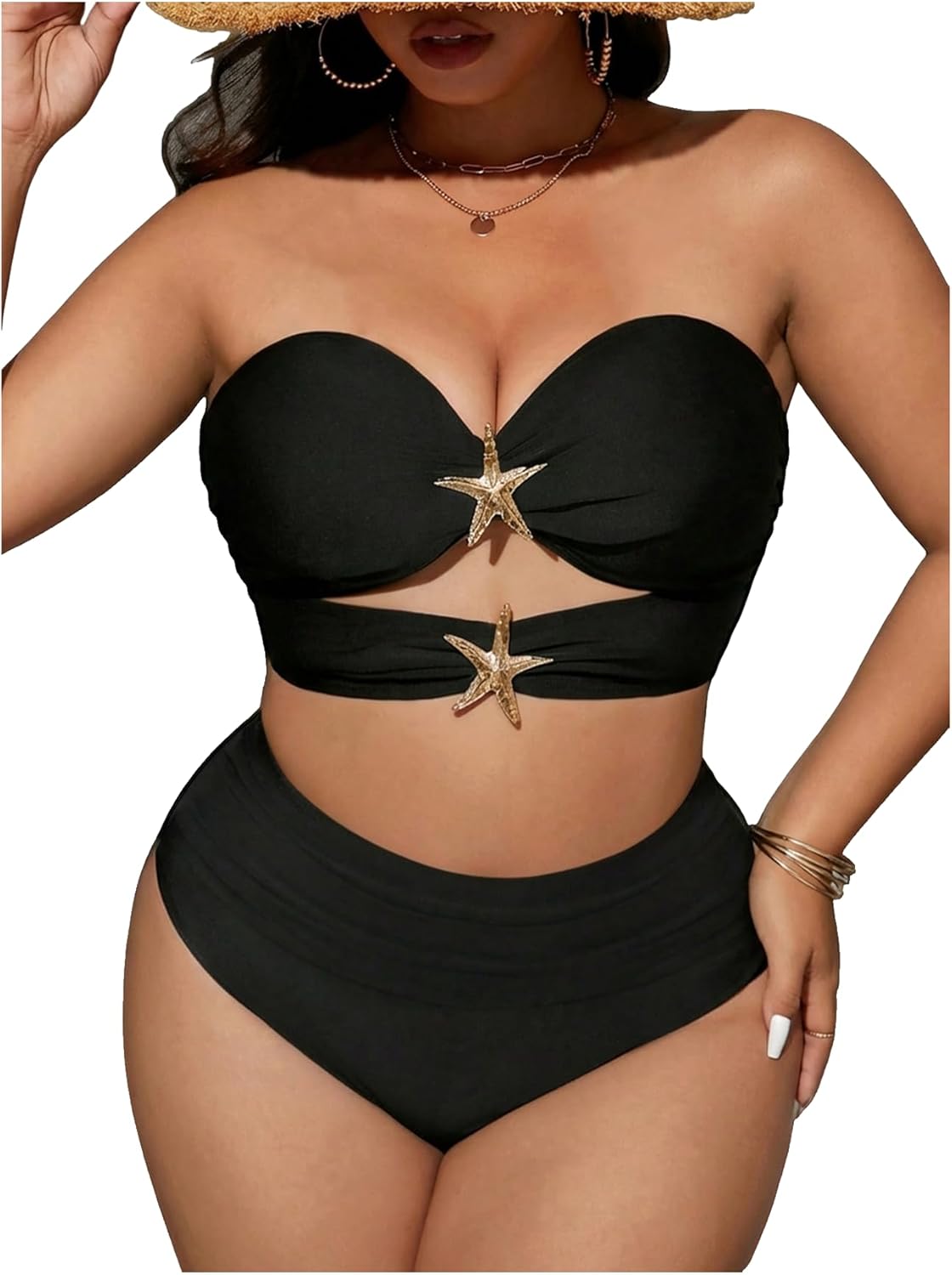 OYOANGLE Plus Size Swimsuit for Women 2 Piece Star Decor Cut Out High Waisted Bandeau Bikini Set Removable Strap