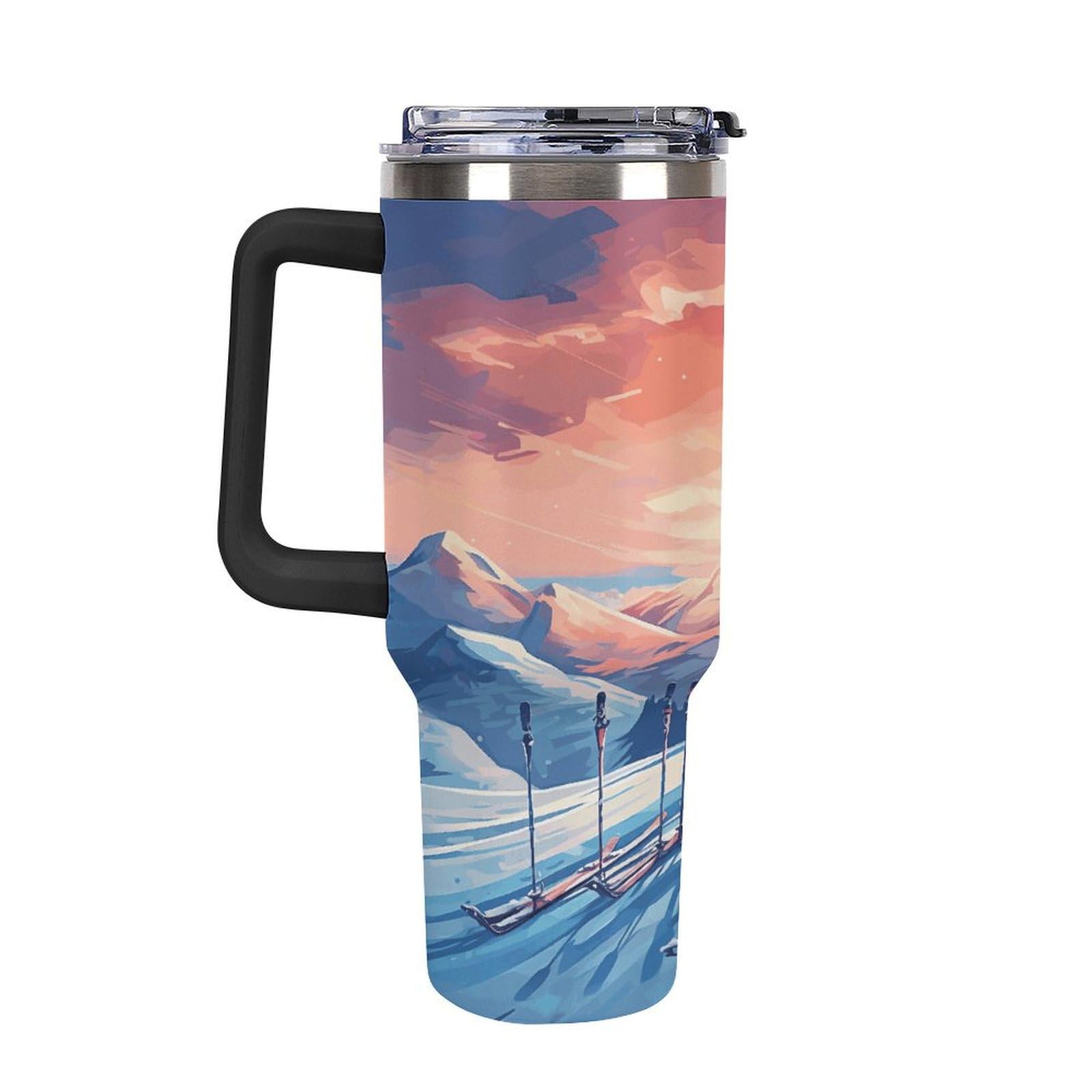 Isolierter Kaffeebecher, Ski-Board, bedruckter Strohhalmbecher mit Griff, Reisebecher, geeignet für Arbeit, Reisen, Zuhause und Auto