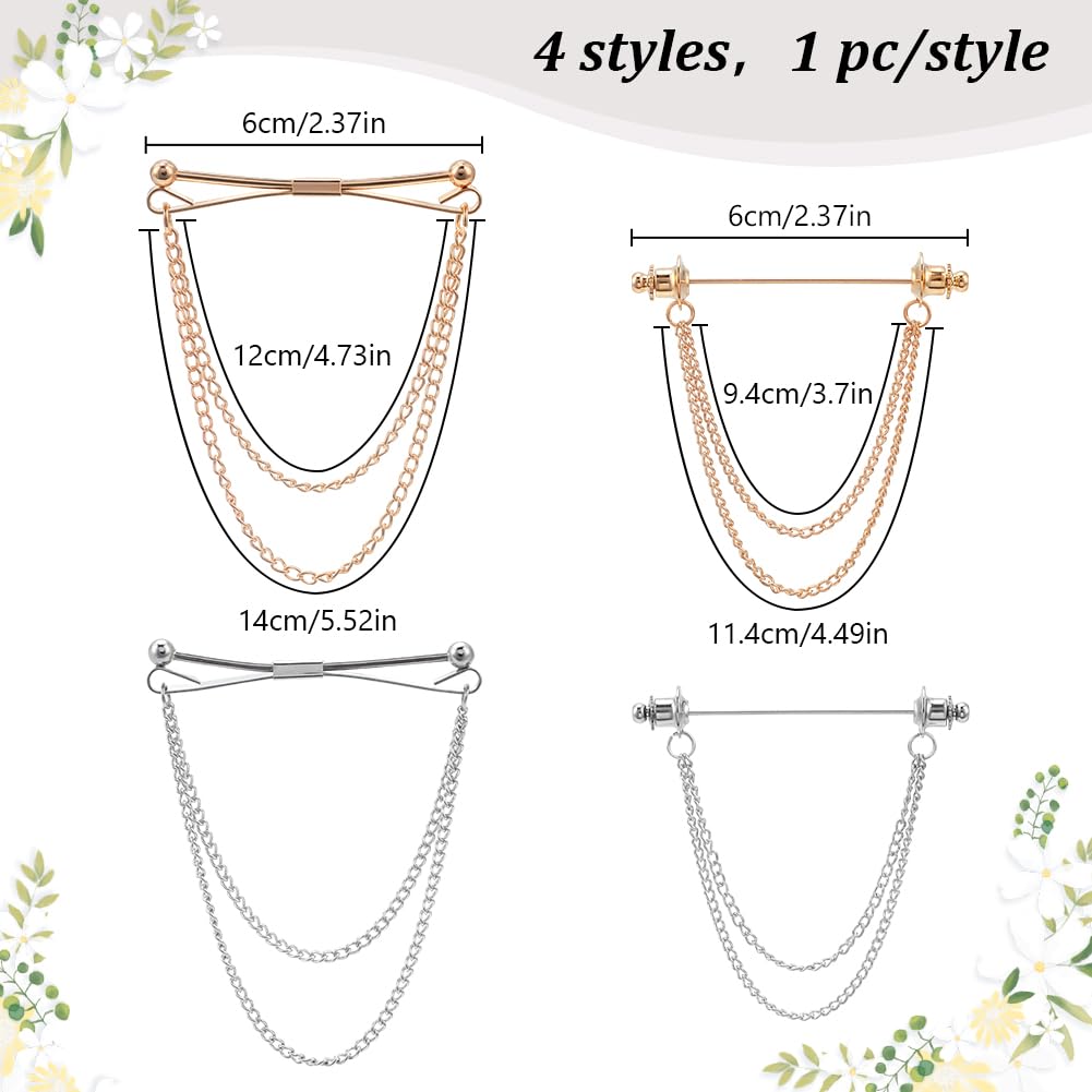 WEBEEDY 4 Pcs 2 Styles Tie Chains for Men Shirt Collar Pins Double Tassels Chains Collar Bar Pin Gold Silver Tie Pins Men Tie Tack Pin for Tie Accessories Suit Wedding Business Party Gift, 6cm/2.6''