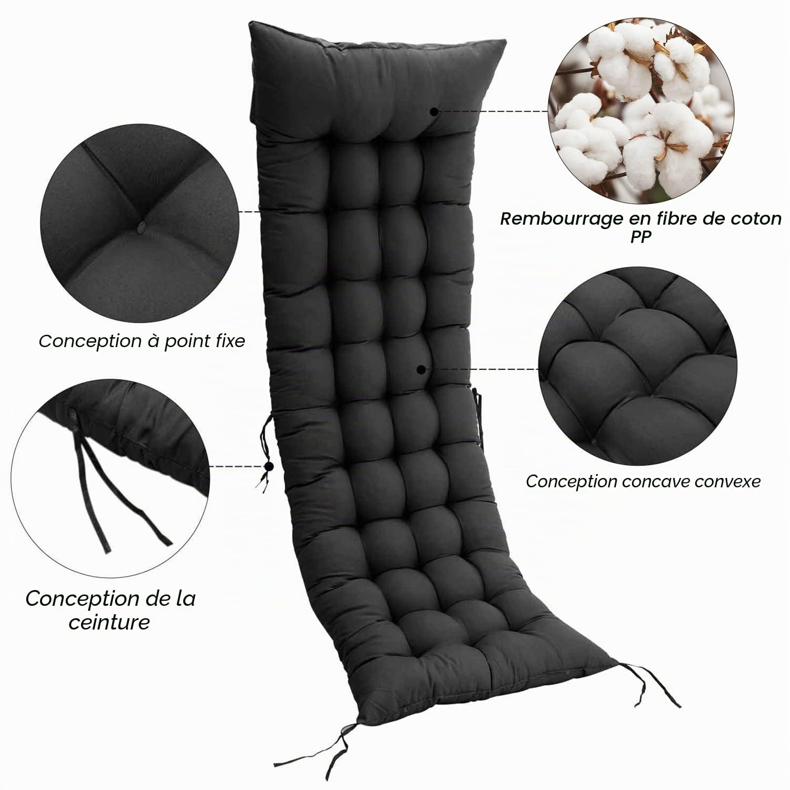 Warmiehomy Coussin épais pour chaise longue jardin, Coussin de rechange antidérapant pour extérieur, noir, 160x50x8 cm