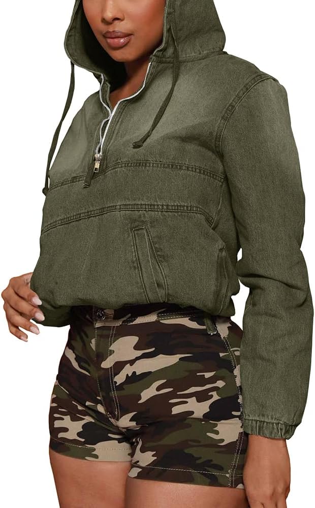 PINSV Women's Half Zip Denim Hoodie Pullover Jacket Jean Sweatshirt Tops - Image 4