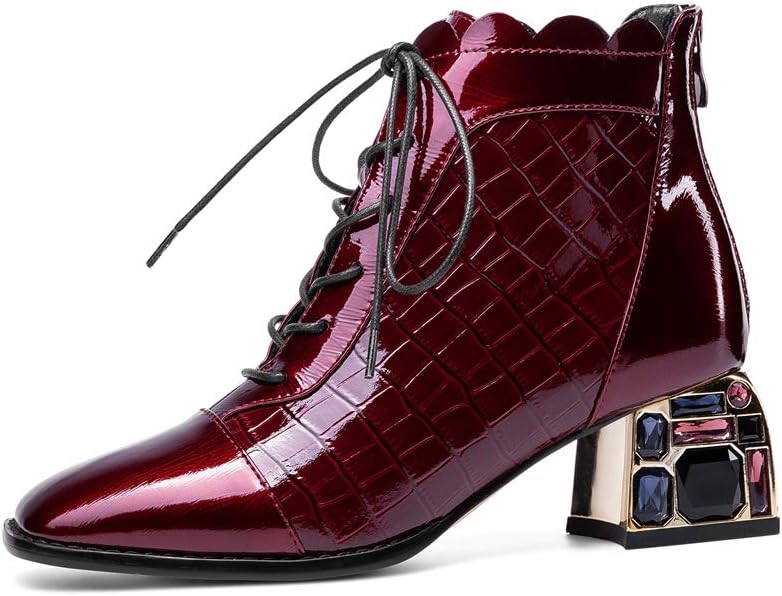 TinaCus Women's Glossy Patent Leather Handmade Colorful Crystal Mid Chunky Heel Round Toe Back Zipper Ankle Boots with Selftie