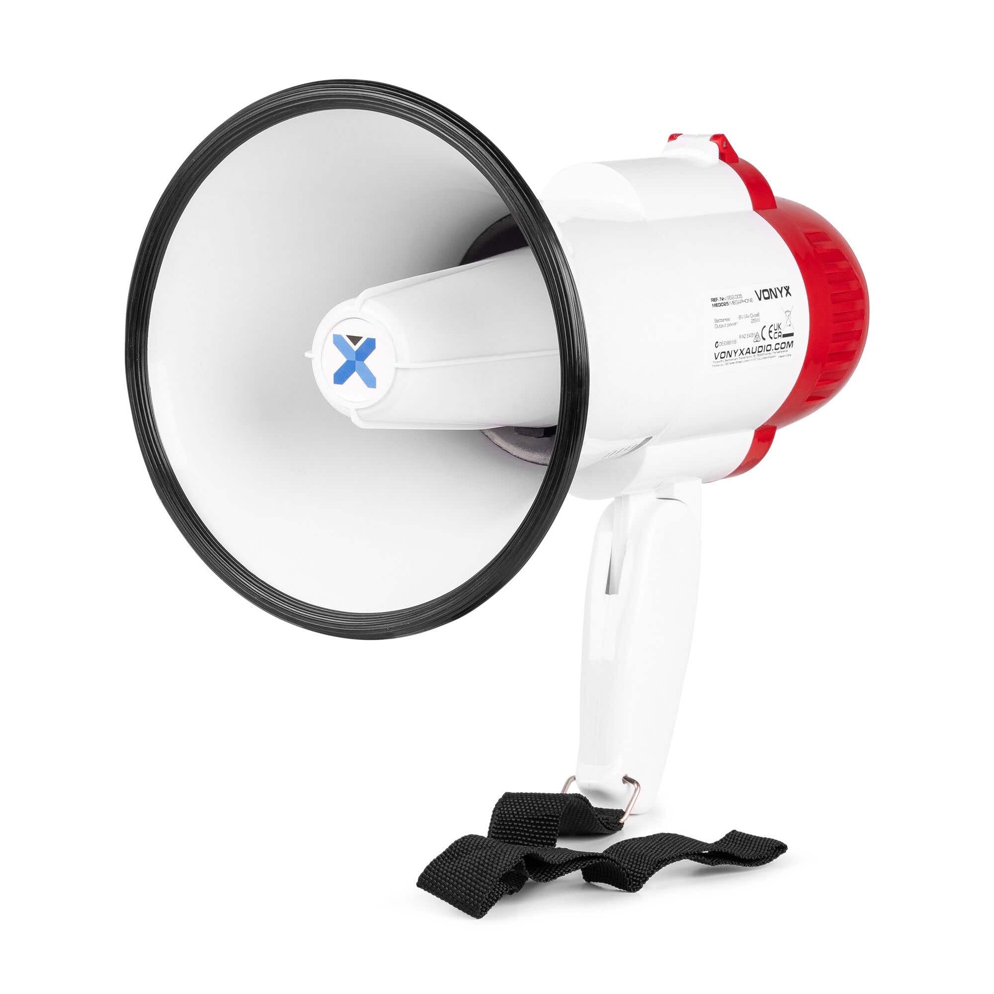 Vonyx MEG025 Megafono portatile con Bluetooth da 25 W, 800 m di portata, ingressi USB/MicroSD, Sirena, funzione di registrazione, Megafono palmare con batteria ricaricabile per eventi interni ed