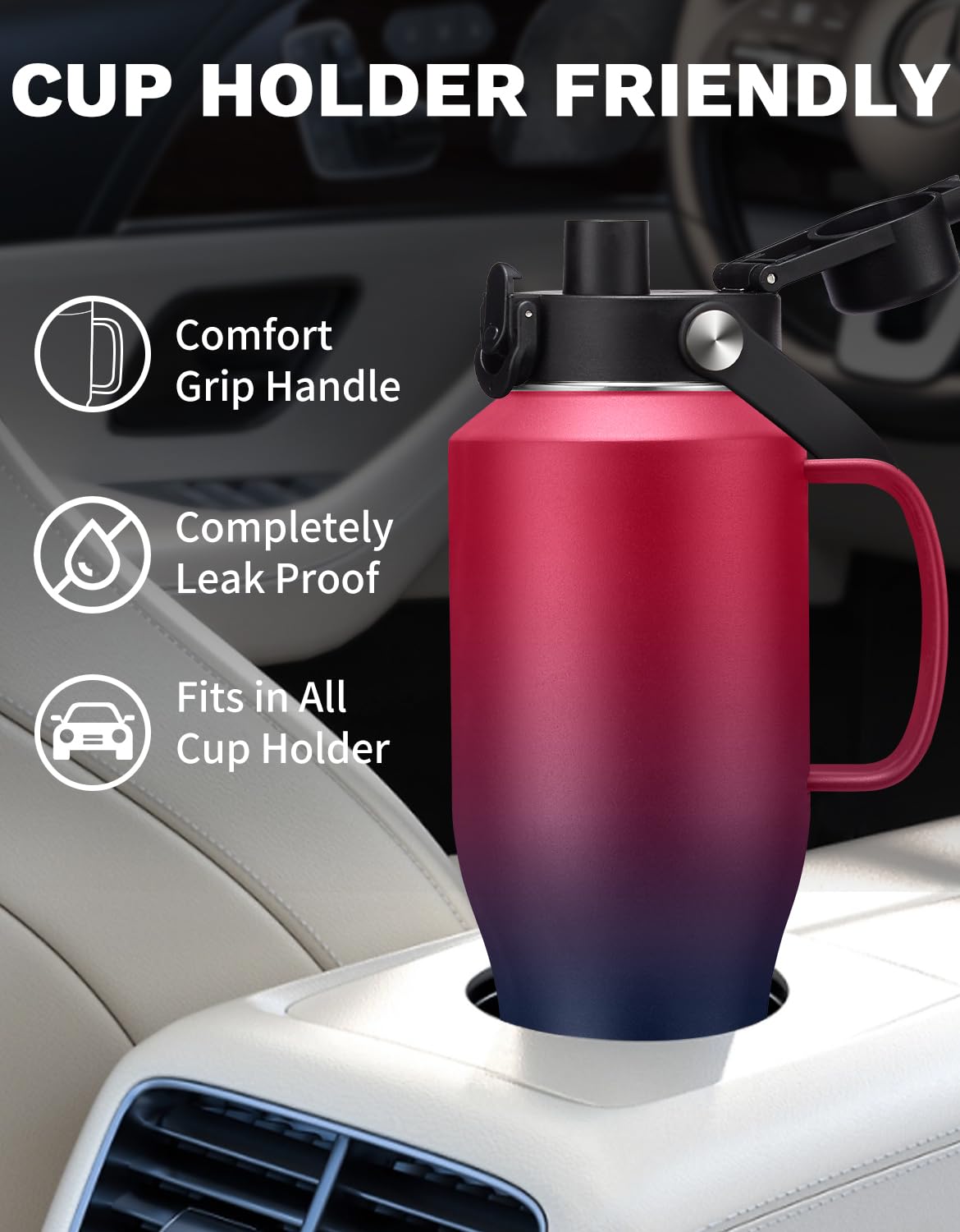 Vaso de 40 onzas con asa, botella de agua aislada con popote, tapa de boquilla automática, bolsa de transporte, asa de paracaídas y funda protectora, taza de café de viaje, termo para