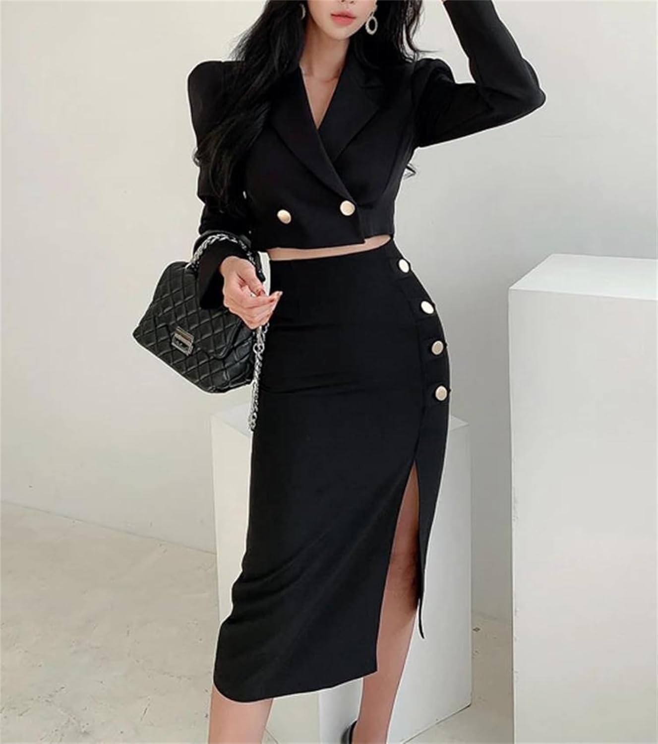 Women’S Fall Solid Formal 2 Piece Outfit Short Set Cropped Suit Blazer Coat High Waist Slit Skirt Office Work Outfits