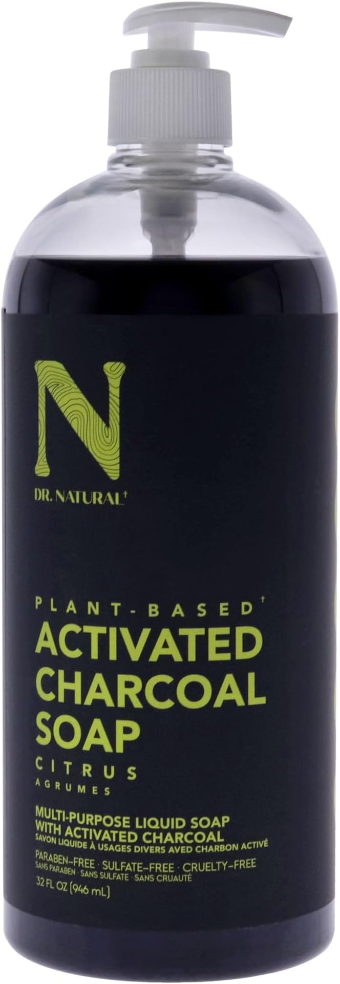 Dr. Natural Activated Charcoal Liquid Soap - Combat Acne and Blemishes - Deep Cleansing Body Wash - Gentle Body Soap for Clear Skin - Citrus - 946 ml