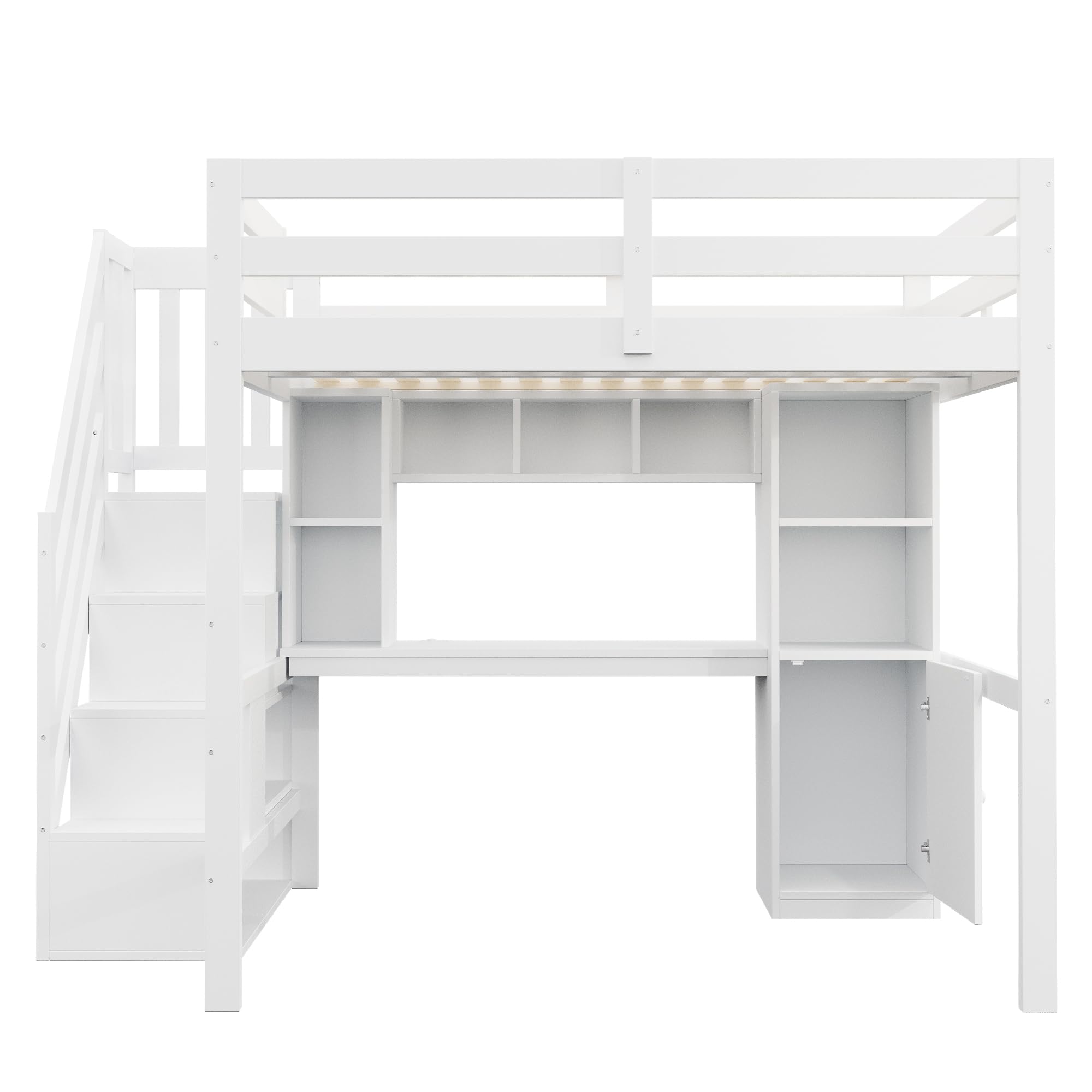 Letto a soppalco con scale, letto in legno bianco, con vano portaoggetti, scrivania, scaffali, illuminazione a LED e prese standard UE e griglie di sicurezza elevate (140 x 200 cm (dimensioni