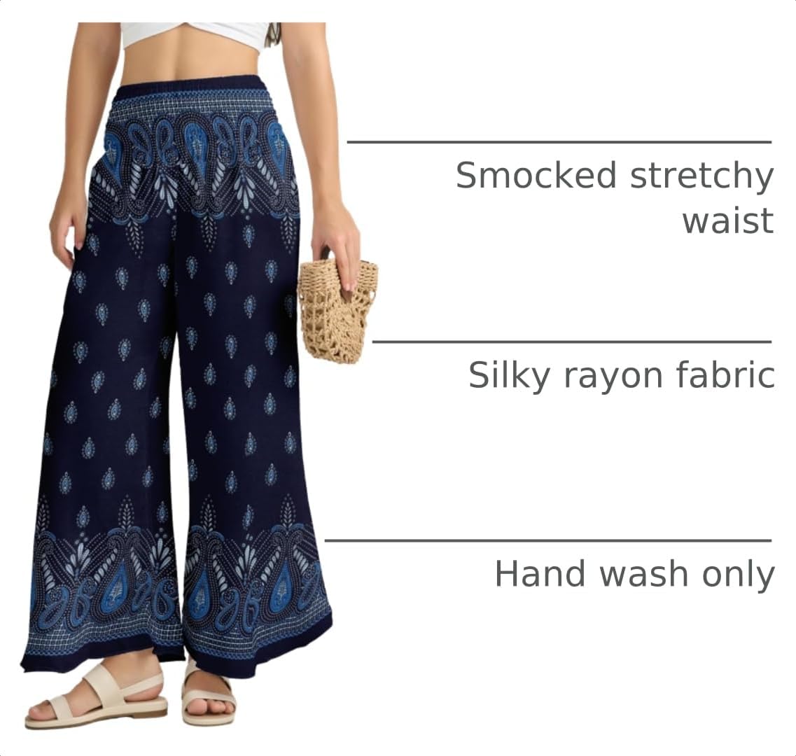 Joob Joob Palazzo Pants for Women - Boho Flare Leg Wide Summer Pant Women - Harem Waist Flowy Bottoms with Pockets