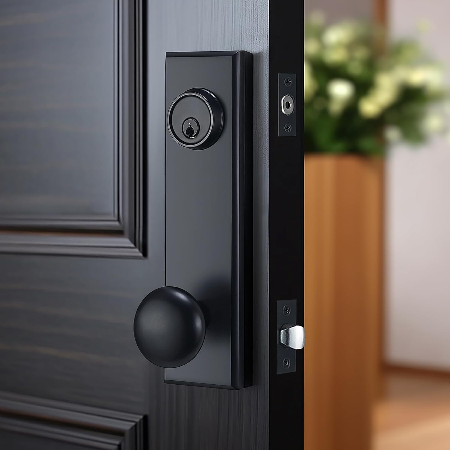 Modern Front Door Handle, Matte Black Entry Door Knobs with Single Cylinder Deadbolt for Exterior Door, Reversible for Right&Left Handed with 3 Keys (Matte Black)