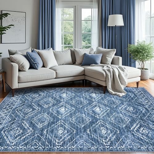 KILOCOCO Living Room Rug 6x9 Area Rug Printed Boho Washable Bedroom Rugs Non Slip Soft Large Moroccan Indoor Rugs for Dining Room Office Farmhouse Geometric Carpet, Stonewashed Blue