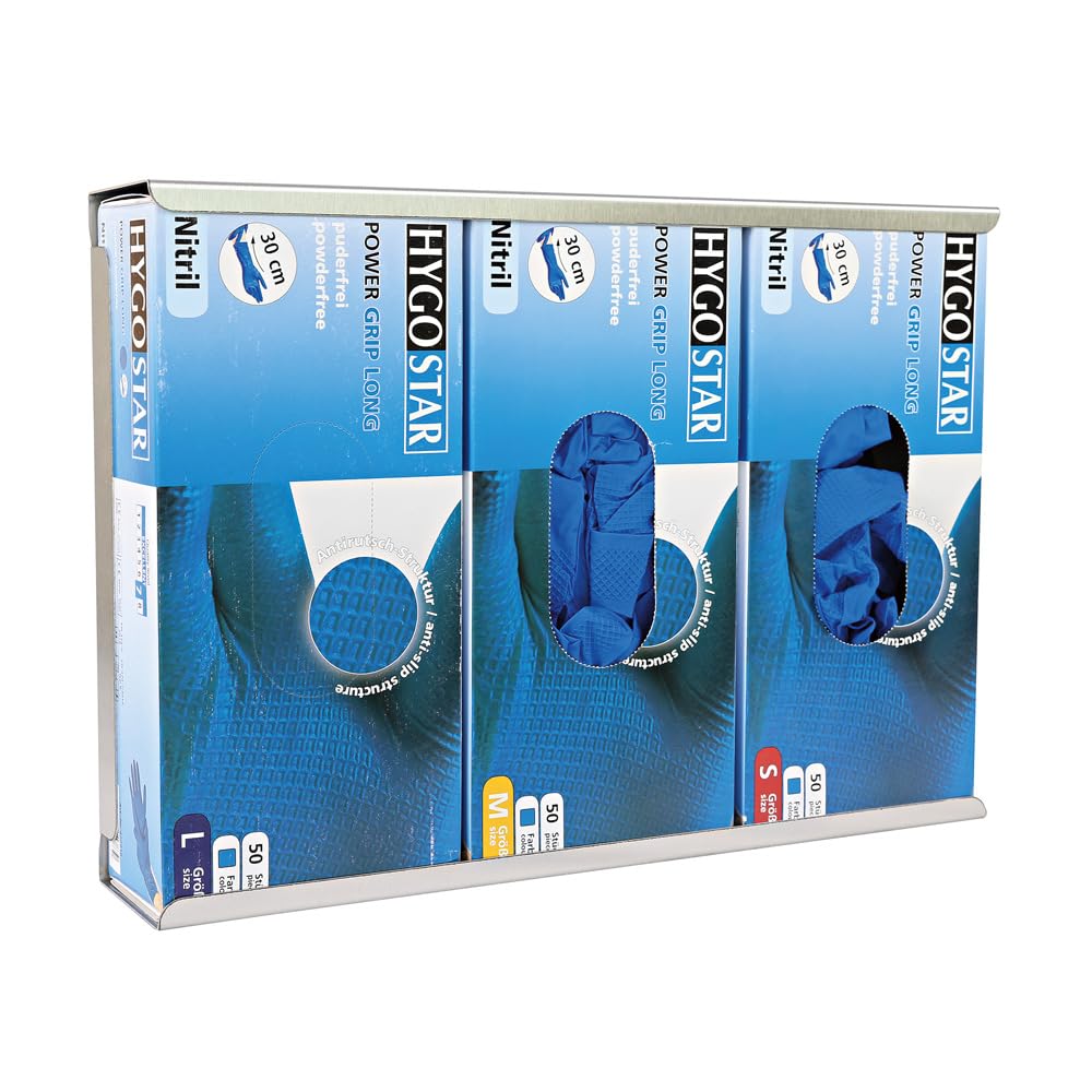 1 Stück Hygostar Handschuhspender Power Grip Long | Edelstahl, für drei Handschuhboxen, grau, L: 7,45cm, B: 39,5cm, H: 27,4cm, Spenderhalter, Wandhalter für Einmalhandschuhe