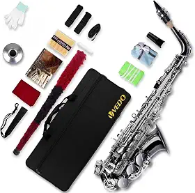 VEDO Saxofone Alto em Mi Bemol (Eb), Banda de Sopro Profissional Acabamento Em Laca Dourada, Para Iniciantes, Saxofone Para Estudantes, Saxofone Alto, Estojo e Completo de AcessóRios, Preto Brilhante
