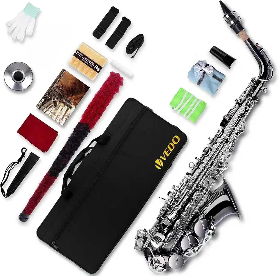 VEDO Saxofone Alto em Mi Bemol (Eb), Banda de Sopro Profissional Acabamento Em Laca Dourada, Para Iniciantes, Saxofone Para Estudantes, Saxofone Alto, Estojo e Completo de AcessóRios, Preto Brilhante