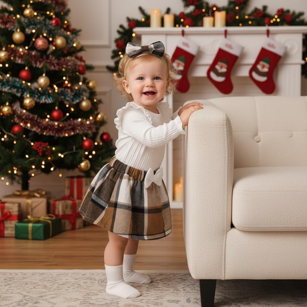 Weixinbuy Baby Girls Fall Outfits 3-Piece Set Long Sleeve Romper & Plaid Skirt Headband Soft Snap Closure 0-18M - Image 2