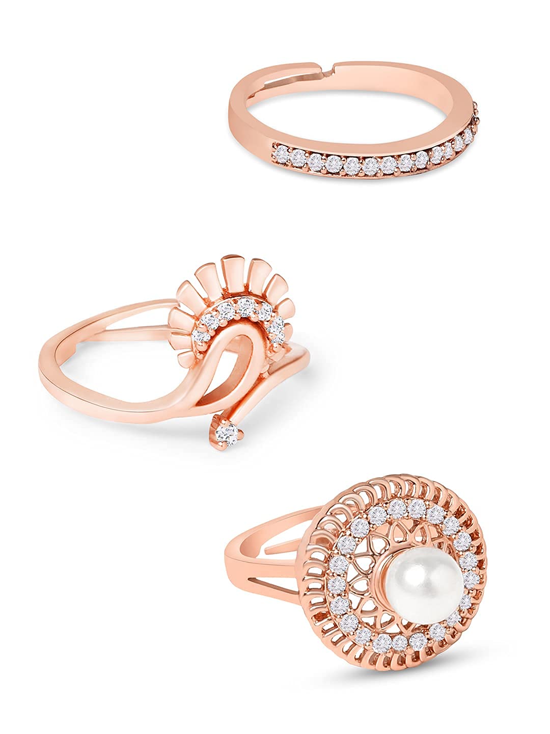 3 CZ Brass Rings Set for Women