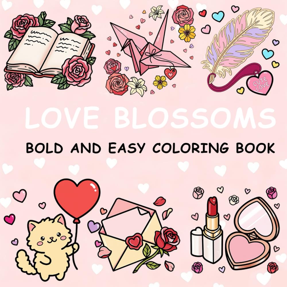 Love Blossoms Coloring Book: Valentines Bold and Easy Coloring Pages for Adults and Teens Featuring Heartfelt Gifts, Roses, Animals, Cupid, Lipsticks, and More