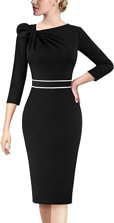VFSHOW Womens Pleated Asymmetric Bow Neck Work Business Office Pencil Dress | 3/4 Sleeve, Elegant Cocktail Party, Church, Funeral, Slim Professional Career Bodycon Sheath Dresses