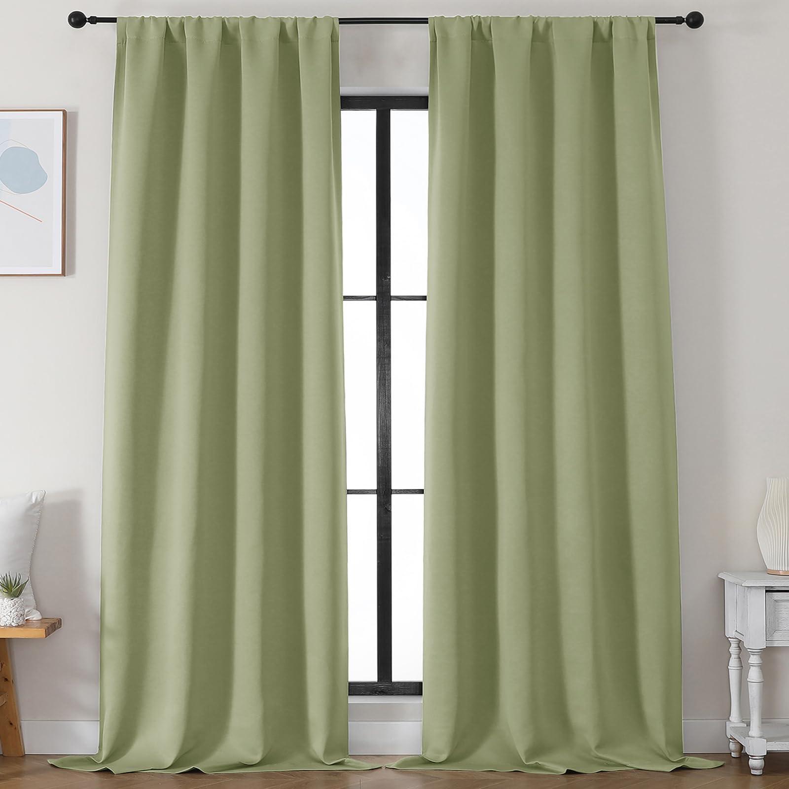 Simplebrand Ava Sage Green Blackout Curtains for Bedroom 96 Inches Long 2 Panels, Solid Thermal Insulated, Energy Saving Living Room Window Treatment
