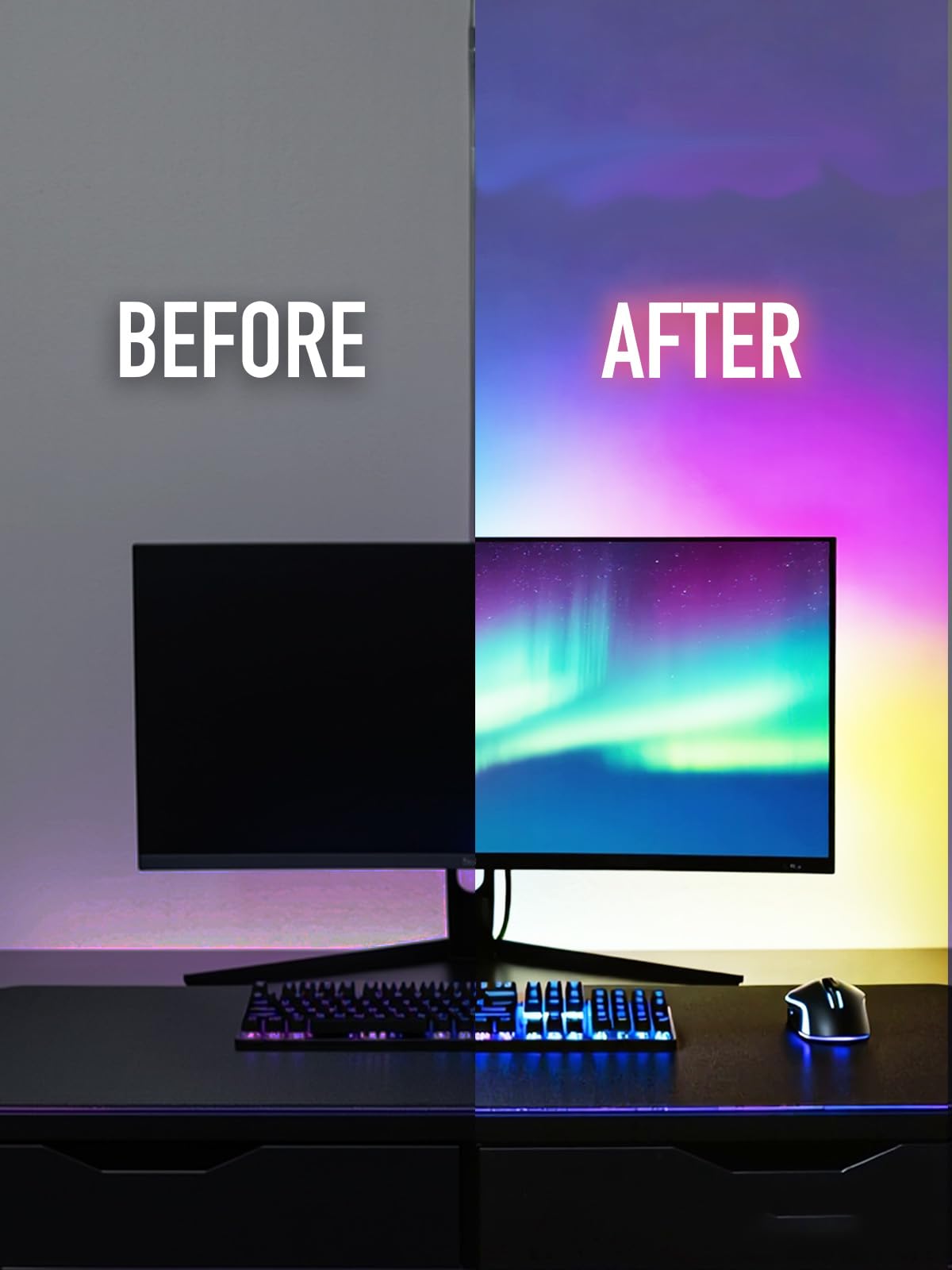 Retroiluminación LED RGB para monitor, control de aplicación inteligente, múltiples modos, sincronización de música, puerto USB (para monitor de 24 pulgadas, estándar)