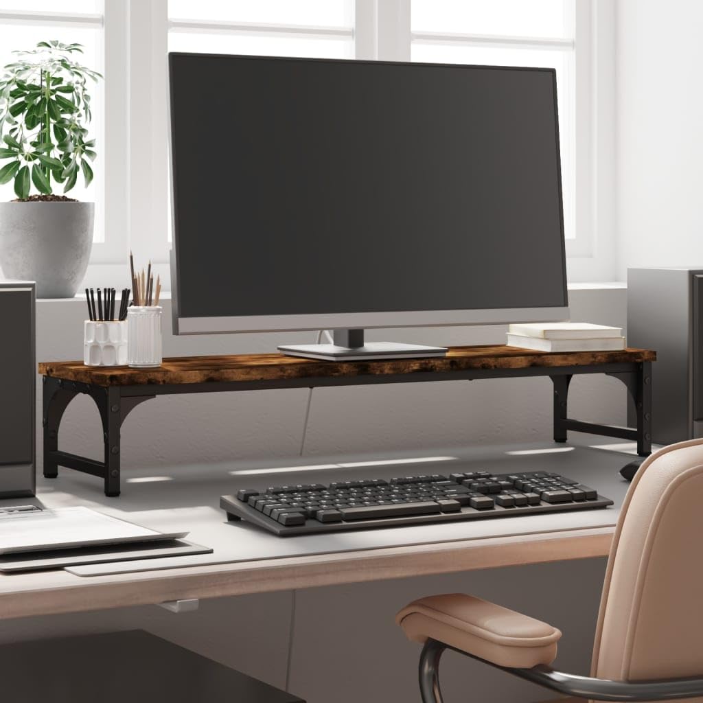 Supporto per monitor in legno di rovere affumicato, 85 x 23 x 15,5 cm, ergonomico, regolabile in altezza, postazione di lavoro, ufficio, casa, gaming