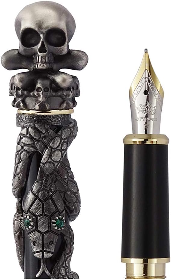 Jinhao Snake Fine Nib Fountain Pen with Skull Pen Cap, Vintage Gray Collection Gift Pen