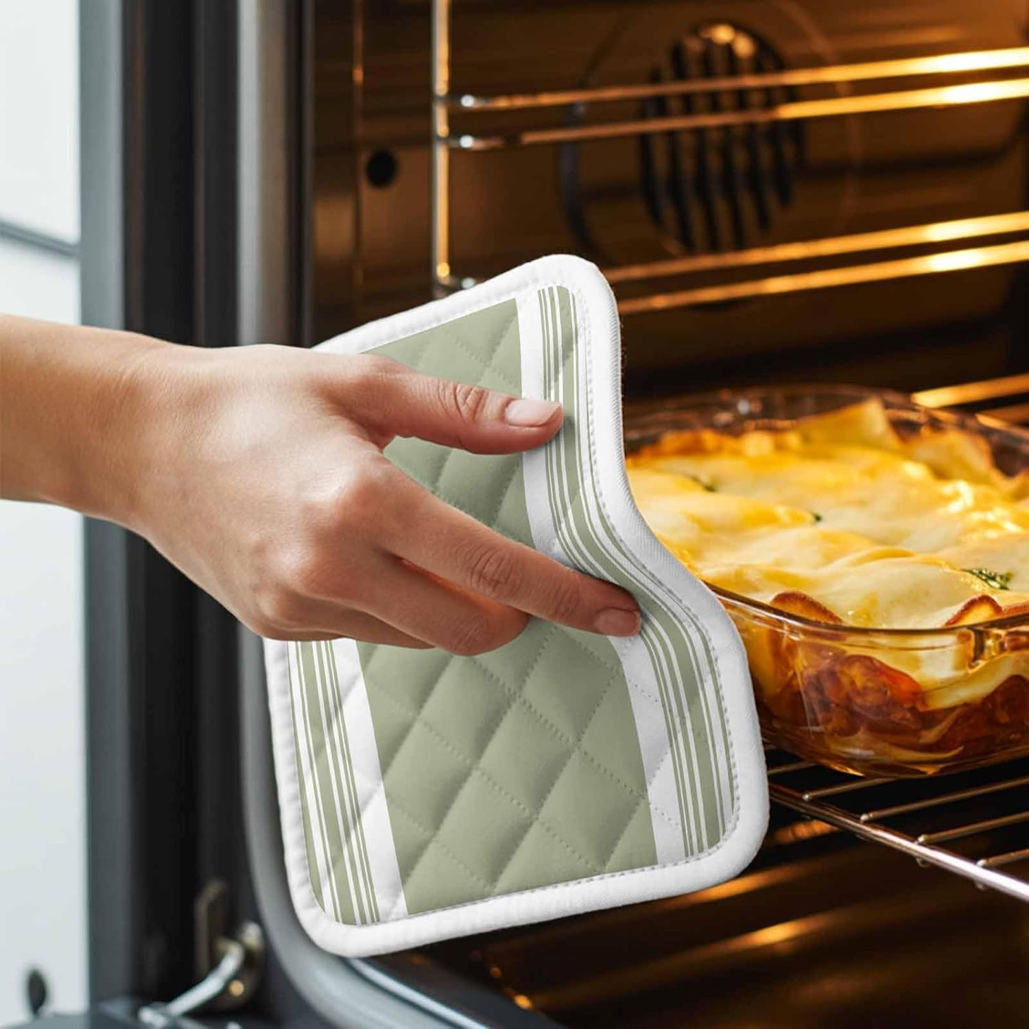 Sage Green Pot Holders for Kitchen Heat Insulation, Farmhouse Striped Vertical Art Modern Potholders Hot Pads with Hanging Loop, Washable Oven Mitts Pot Holder Trivet for Cooking Baking 5 Pack
