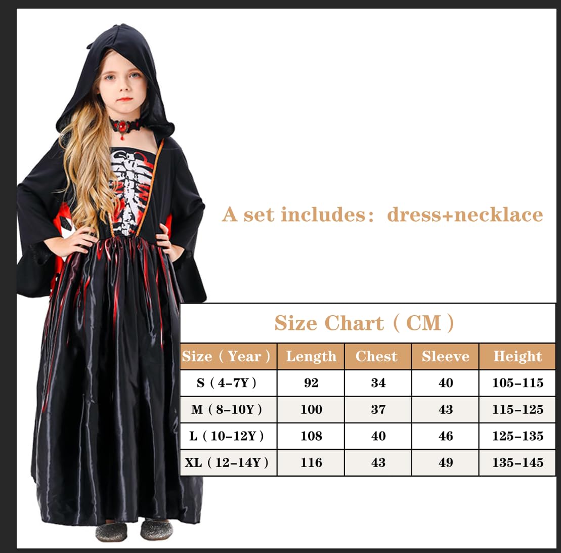 Tosekry Vestito Halloween Bambina, Costume Halloween Bambina, Costume Halloween Bambino Composto da un Abito con Cappuccio e una Collana Gotica
