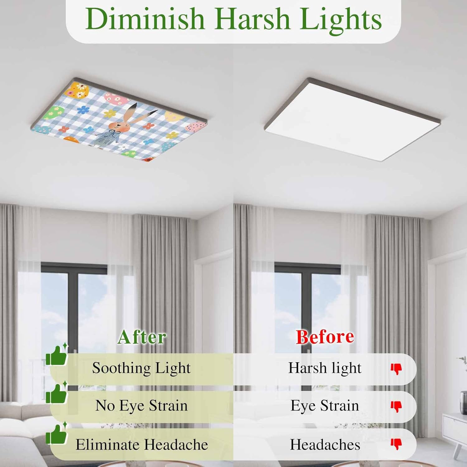 Spring Easter Fluorescent Light Covers for Ceiling Lights 4x2 feet,4 Pack Magnetic Light Filters for Classroom,Blue Plaid Bunny Colorful Eggs Floral Fluorescent Lamp Shade Panel for Office School Drop