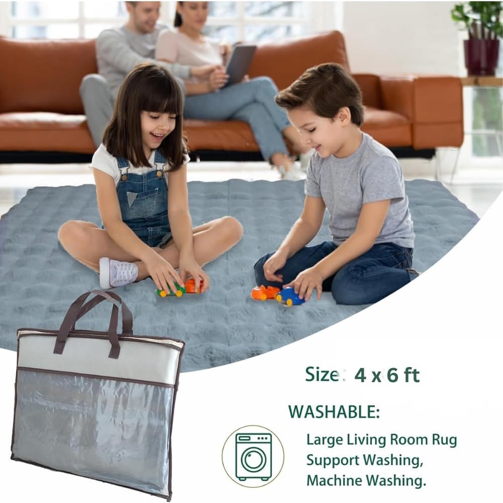 Woolous Gray Rabbit Fur Rug 4x6 ft - Ultra Soft Bubble Fur Area Rug, Plush Shaggy Carpet for Bedroom & Living Room, Non-Slip Fluffy Nursery Rug, Washable Aesthetic Room Decor (Cloud Gray)