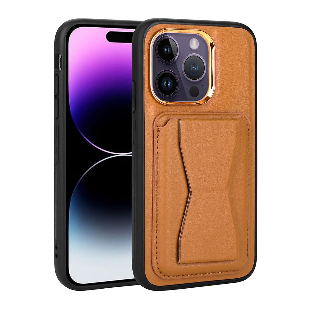 Zore Apple için uyumlu iPhone 14 Pro Kılıf Kartlıklı Standlı Pu Deri Zore Memo Kapak Kahve Açık