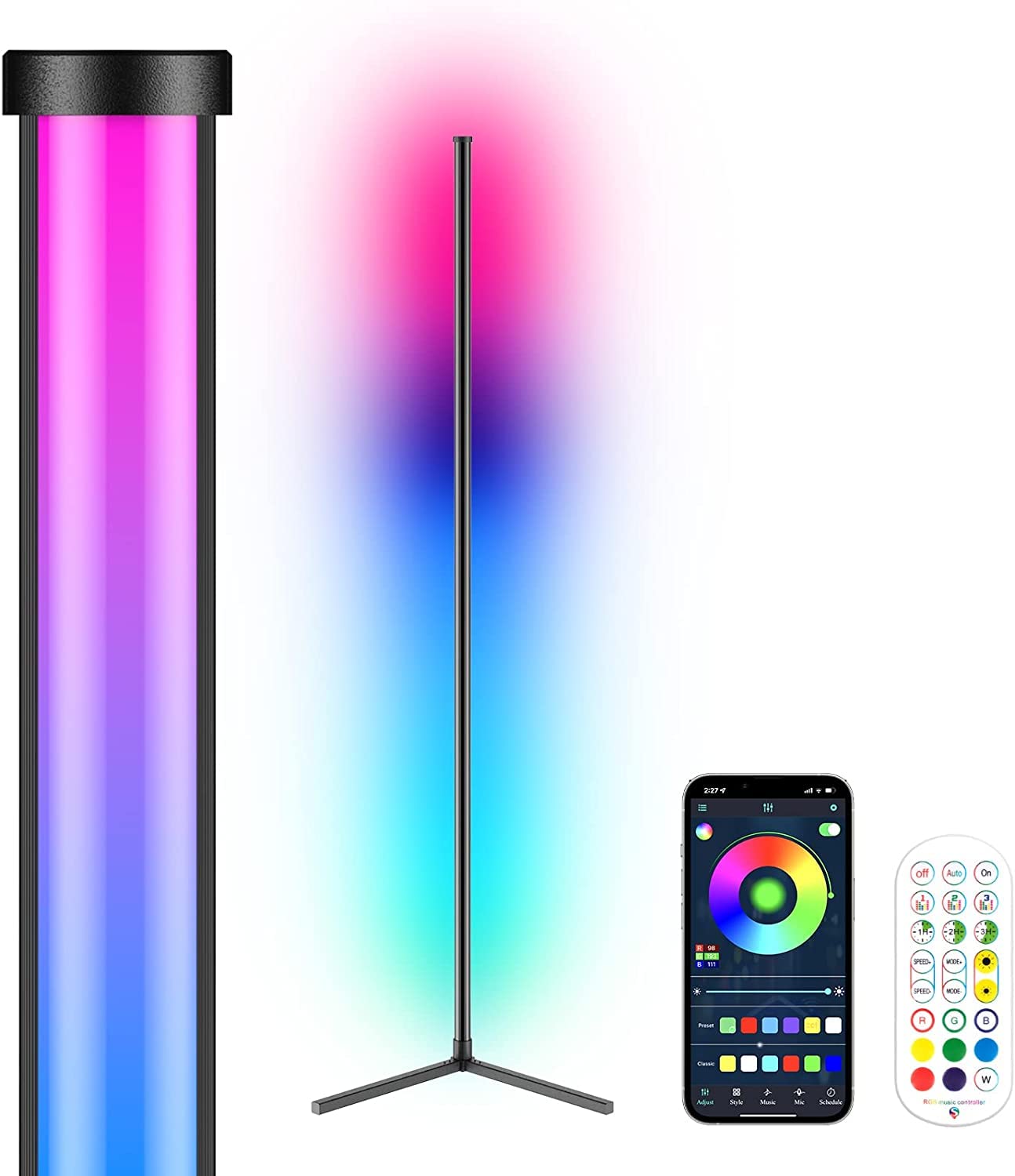 ESOUQ SMART RGB FLOOR LAMP – STANDING CORNER NEON LED LIGHT 156 CM – control the colors and brightness with a remote and connect it to your phone - for living rooms or bedrooms