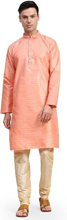 SKAVIJ Men s Jacquard Silk Kurta Pajama Set | Traditional Long Sleeve Kurta with Churidar Pajama | Perfect for Diwali, Wedding & Festival Celebrations Orange_Small