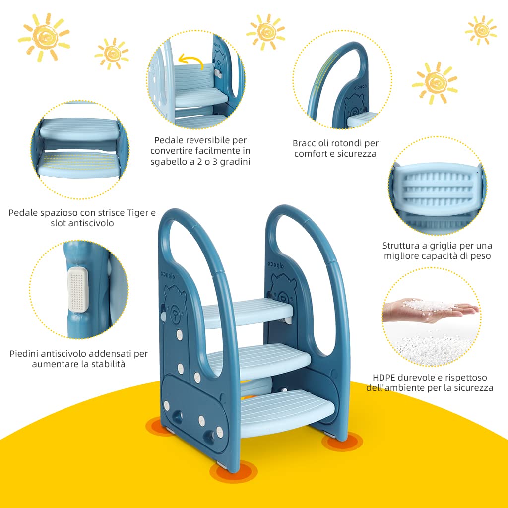 Onasti Scaletta gradini, Sgabello a tre gradini per bambini, Sedile per Addestramento per WC, Scaletta Bagno per bambini, Multifunzione, Regolabile in Altezza, Funzione Antiscivolo - (Blu)