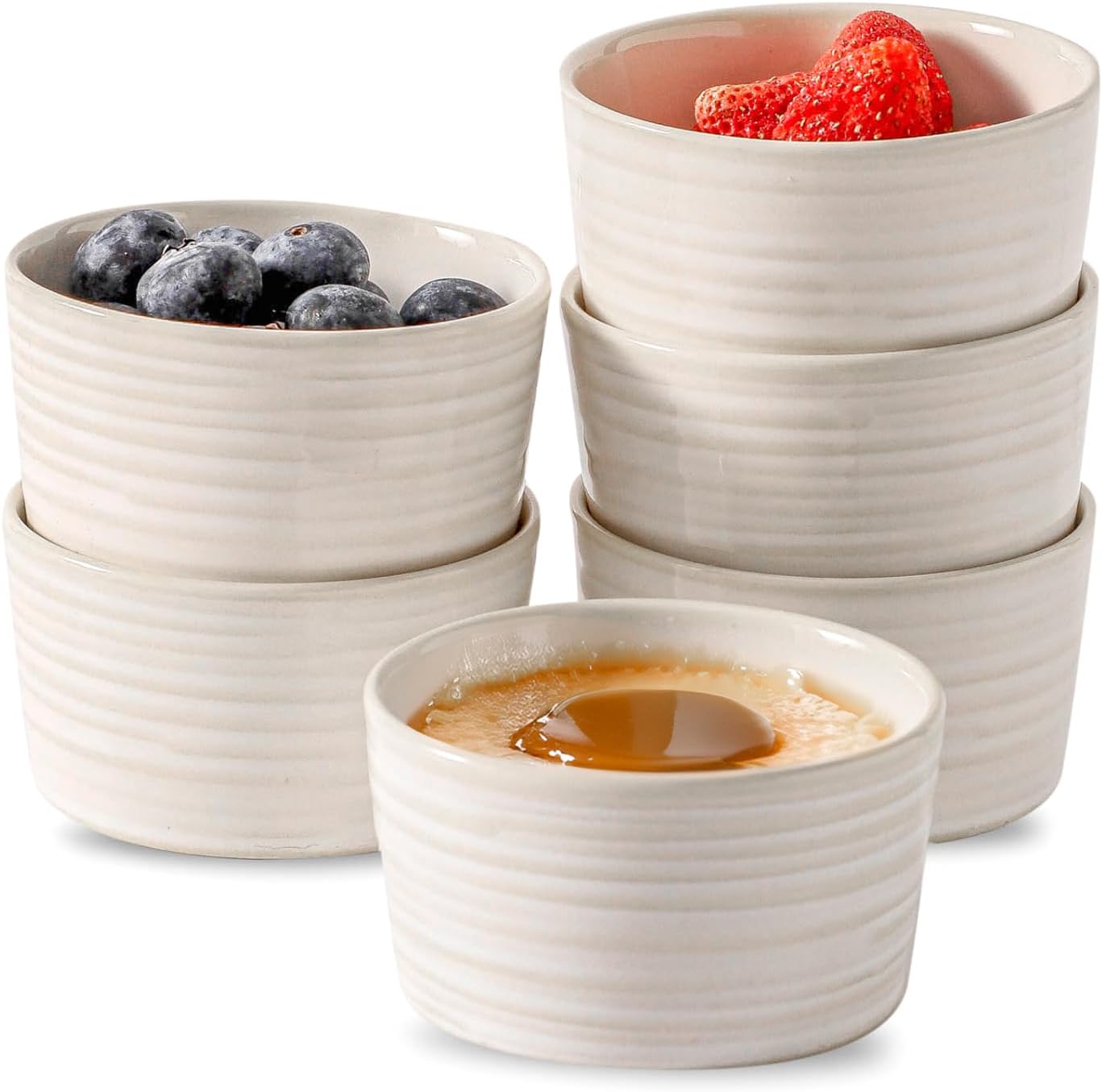 Hasense 6 oz Ramekins for Baking,Ceramic Souffle Dish Oven Safe Set of 6,Porcelain Dipping Sauce Bowls for Pudding, Creme Brulee, Souffle, Serving Dip, Custard, Ice Cream(Blue)