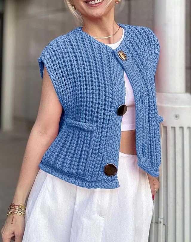 Image of UAURORAO Women Chunky Sweater Vest Button Down Crochet Cable Knit Cardigan Sleeveless Open Front Knitted Crop Waistcoat