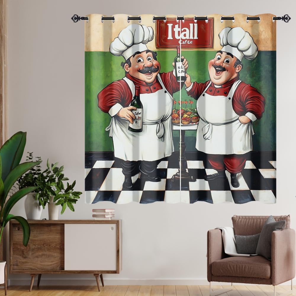 Cartoon Kitchen Chef Curtains for Living Room Bedroom Abstract Vintage Italian Medieval Kitchen Fat Chef Thermal Insulation Curtains Window Grommet 63" L x 21" W x 2 Panels Blackout