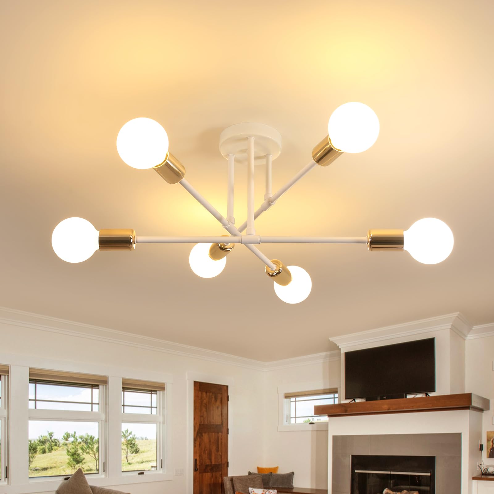 Industrial Ceiling Light, 6 Lights E27 Sputnik Vintage Ceiling Light, Iron Ceiling Lamp for Bedroom, Living Room, Kitchen, White + Gold, Diameter 60 cm (Bulb Not Included)