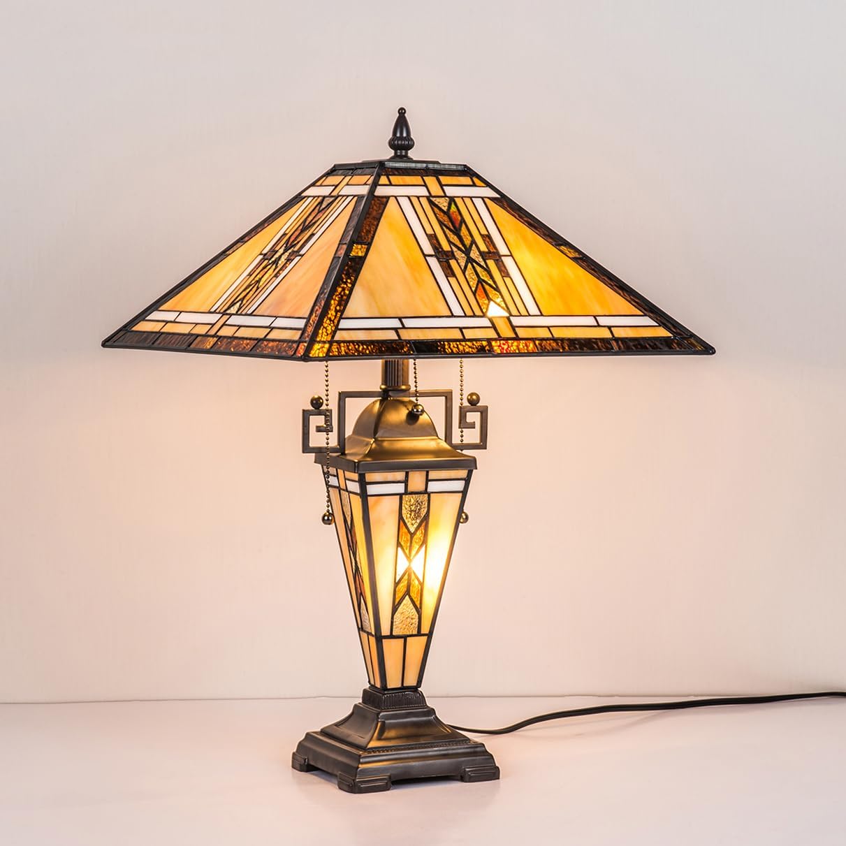 Tiffany Table Lamps with Nightlight,16" Wide Handmade Stained Glass Desk Lamp for Reading,3-Lights Mission Style Antique Nightstand Light for Living Room Bedroom Office