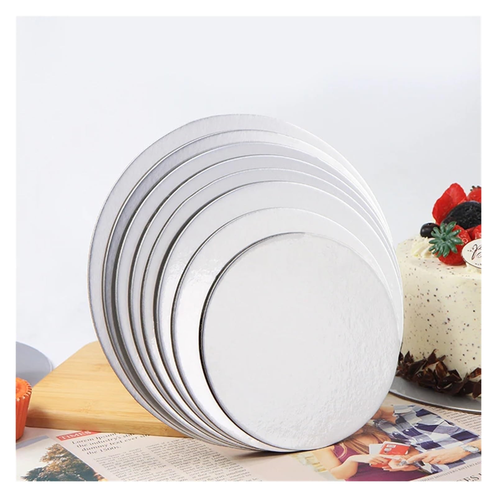Base para Tartas Bases for Tartas Redondas Plateadas o Doradas de Varios tamaños por(Silvery-25cm-10pcs)