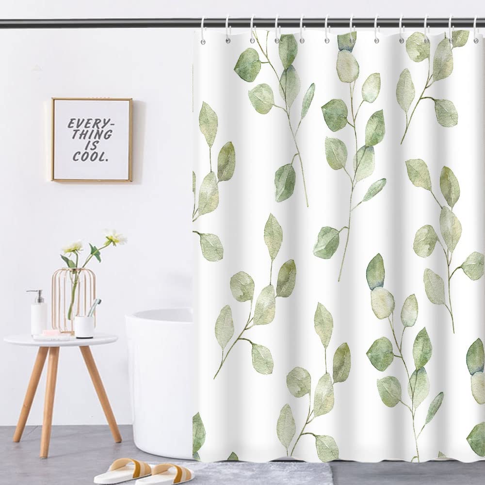 Green Eucalyptus Leaves Bathroom Nature Plants Watercolor Leaf Shower Curtain with Hooks, Polyester Waterproof Fabric Aesthetics Home Decor, 72x72 Inch