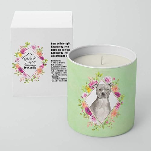 Miniatura 2 de Caroline's Treasures CK4429CDL Blue Pit Bull Terrier Green Flowers Vela de soja decorativa de 10 onzas, aceite esencial de cera de soja natural,