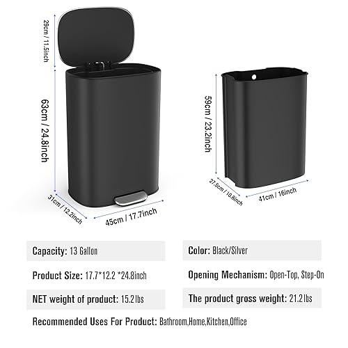 Miniatura 2 de Bote de basura grande de acero inoxidable de 13 galones con tapa silenciosa de cierre suave, cuerpo grueso de acero inoxidable con 30 bolsas de