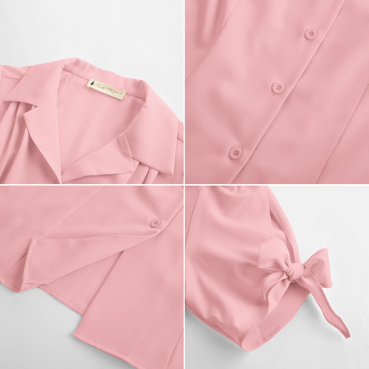 Bello Poque Women Vintage Blouse 1950s Retrt Button Up V Neck Short Bow Sleeves Blouse Shirts - Image 10