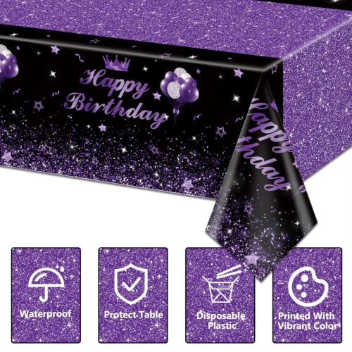 Image of 4 Pcs Happy Birthday Black and Purple Party Tablecloths - Purple Black Party Decorations Plastic Tablecloth Rectangular Table Covers for Boy Girl Baby Shower Birthday Table Supplies, 51 x 86.6 Inch