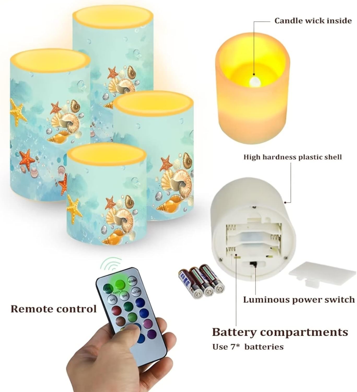 Cozeyat Beach Starfish Design Flameless Candles 4 Packs,Realistic LED Candles in Warm Yellow,Flickering Votive Tealight with Remote&Timer for Wedding,Dinning Table,Festival Decor