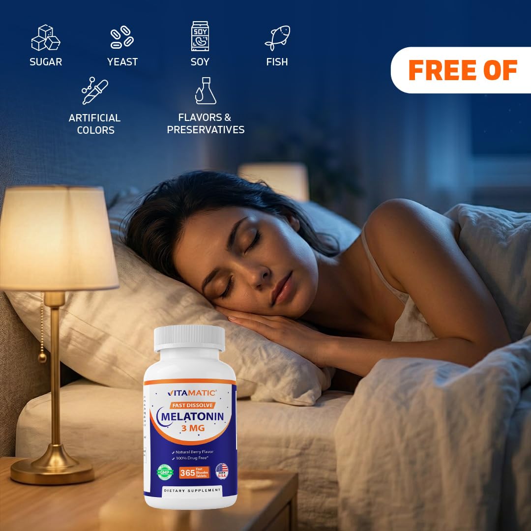 Vitamatic Melatonin 3 mg Fast Dissolve Tablets, Berry Flavor, 365 Count — Amazon image 7