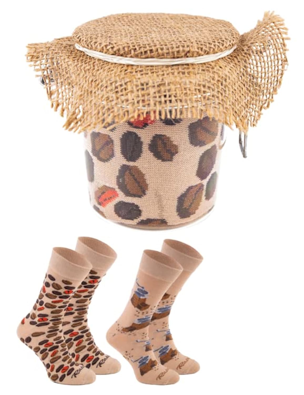 Rainbow Socks Men's Beige - Wo Novelty Coffee Jar Socks 2 Pairs - 2 Pairs - Coffee Beans Coffee Grinder - Size 7,5-11