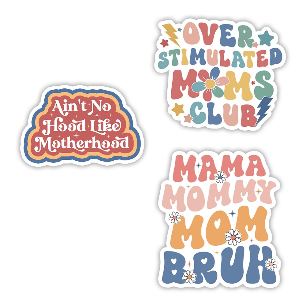 MAIANEY (Set of 3) Funny Boy Mom Stickers 3" Overstimulated Moms Club Motherhood Bruh Mother's Day Waterproof Vinyl Sticker Mom Mama Birthday Gifts Decorations Laptop Water Bottle Kindle Phone Tumbler